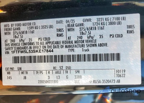 2025 Ford F150 Lariat z USA, uszkodzony, nr VIN 1FTFW5L53SKE17844